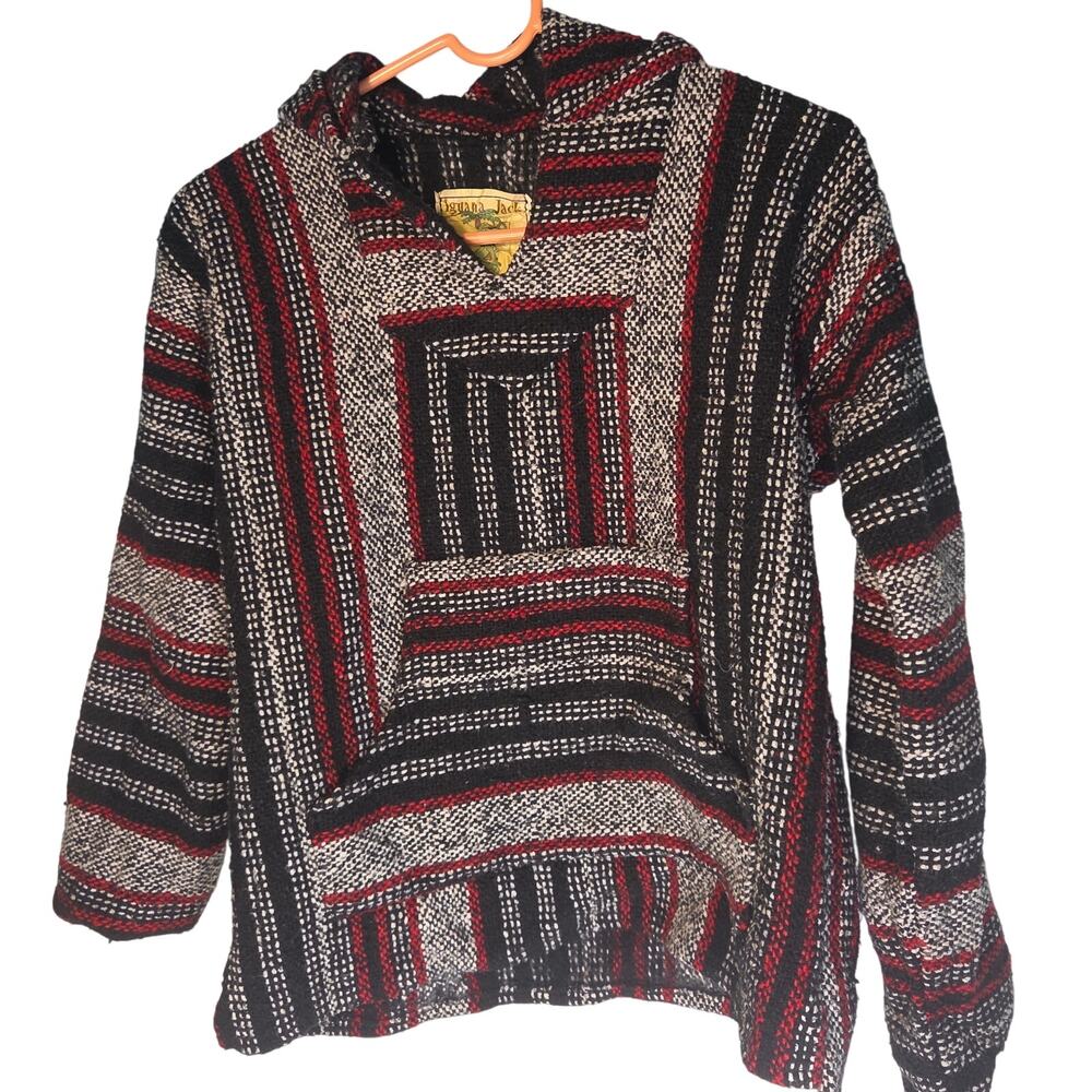 Vtg Iguana Jack Mexican Baja Hoodie Striped Drug Rug Pullover Red Black Small